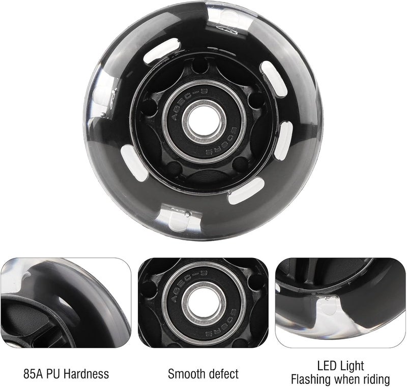 WHEELGOO 8 قطع عجلات التزلج على الجليد مع أضواء LED 64/70/72/76/80 مم مع حوامل 85-88A للأطفال والمبتدئين في التزلج على الجليد للاستخدام الداخلي/الخارجي (أسود، 80 مم) - Image 3